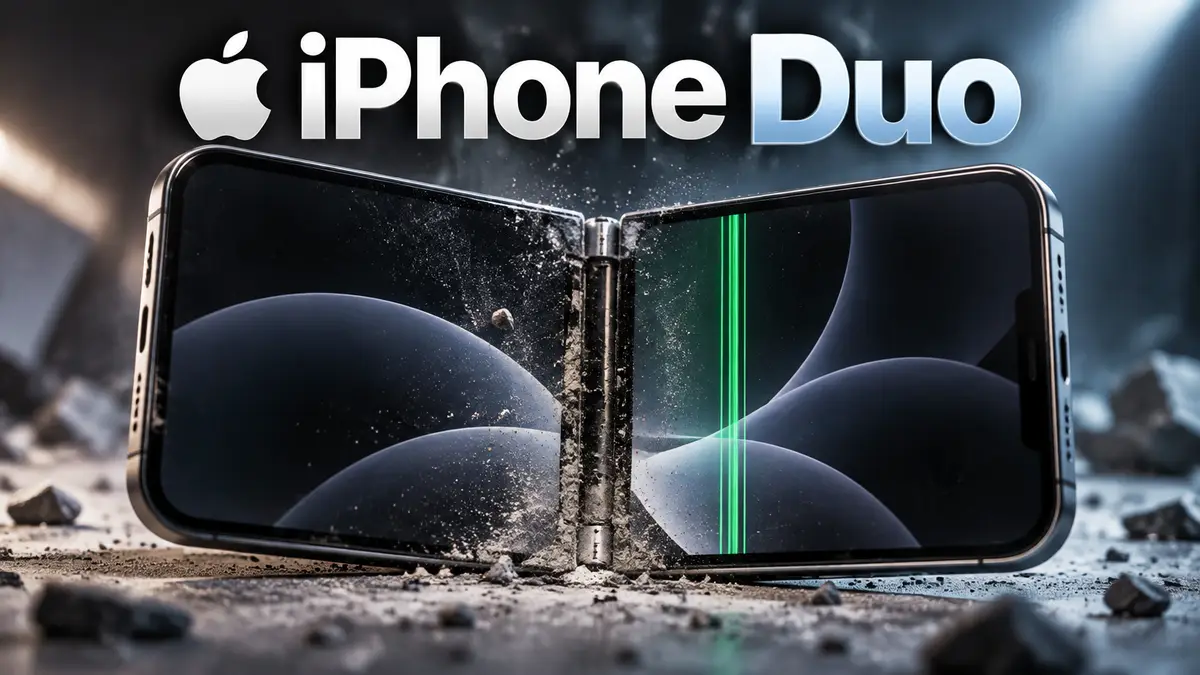 Складной смартфон iPhone Duo в центре, раскрытый, с зелёной полосой на гибком экране и пылью у шарнира