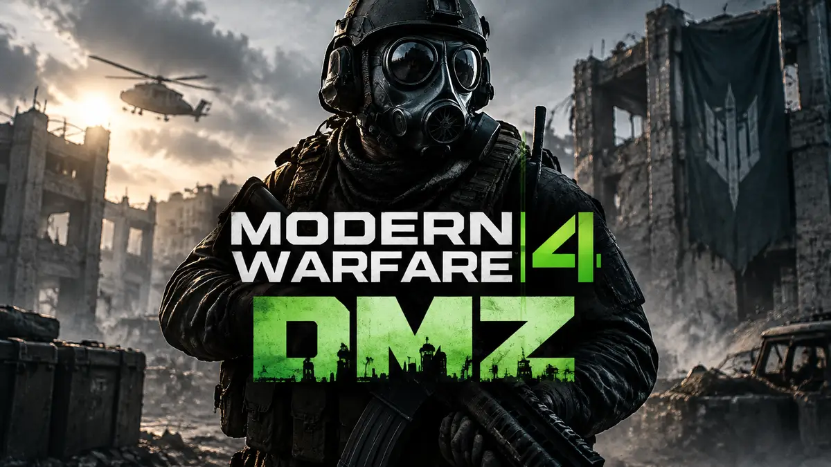 Боец в противогазе и тактическом снаряжении на фоне руин, логотип Modern Warfare 4 DMZ