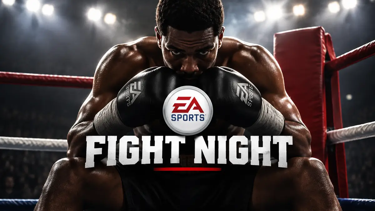 Боксёр в перчатках стоит в углу ринга под светом софитов, крупный логотип Fight Night от EA Sports