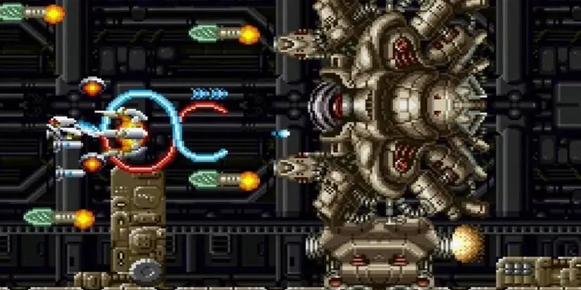 Super R-Type SNES gameplay featuring the player in combat with a mechanized enemy.
