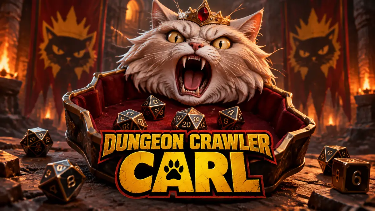 Богиня Саманта из Dungeon Crawler Carl в виде кричащей головы на лотке для кубиков, вокруг игральные кости