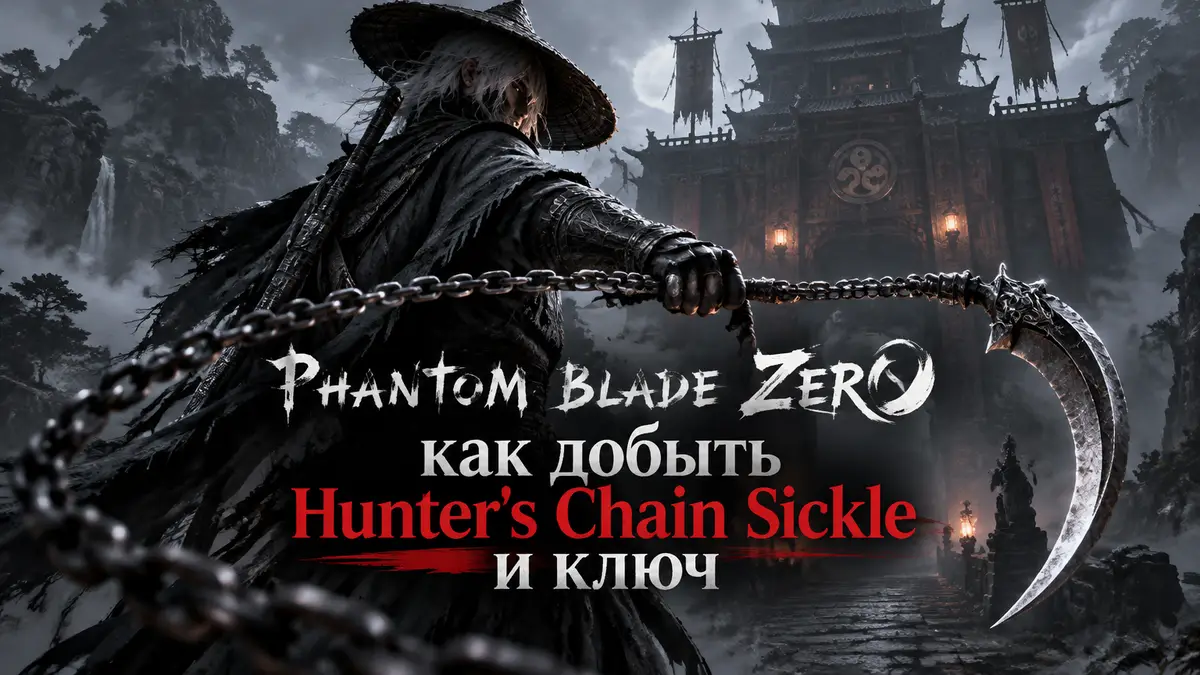 Воин Soul с цепным серпом у ворот башни Sha-Chi в туманной долине, стиль Phantom Blade Zero