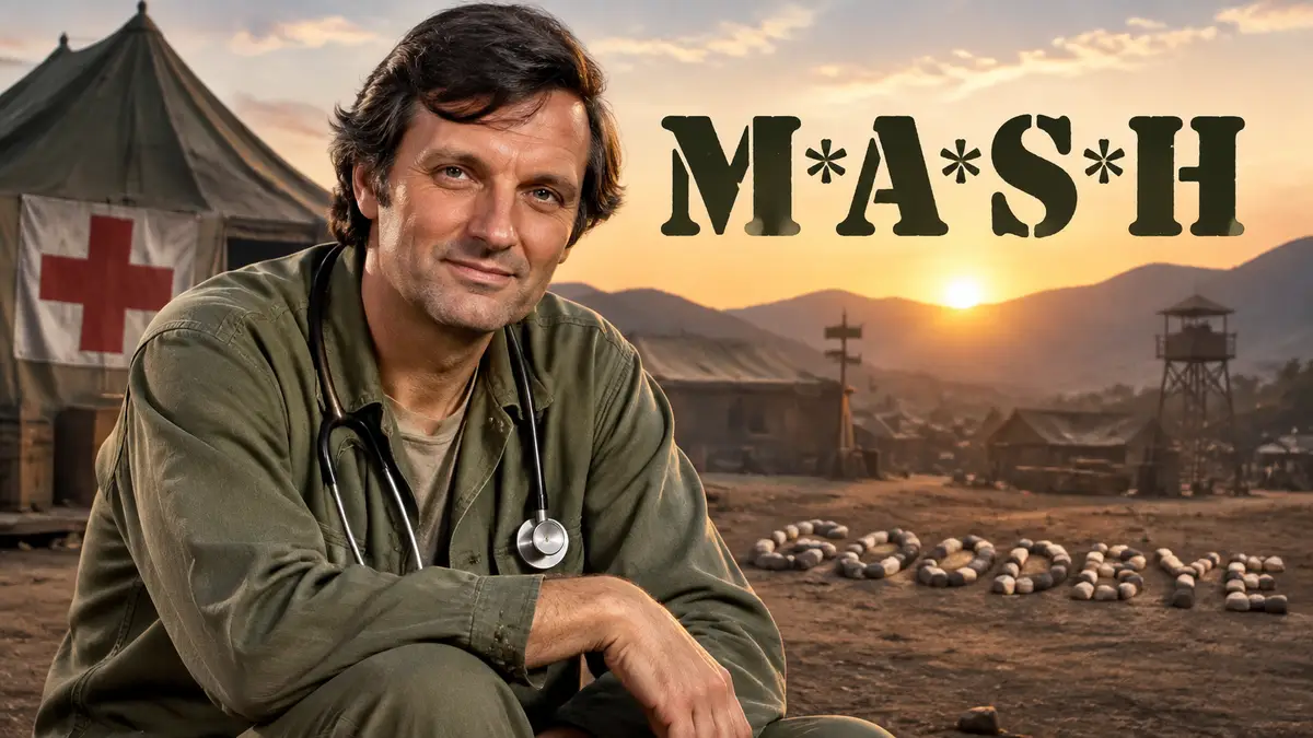 Постер сериала M*A*S*H: хирург Ястреб Пирс у палаток госпиталя 4077, надпись GOODBYE из камней