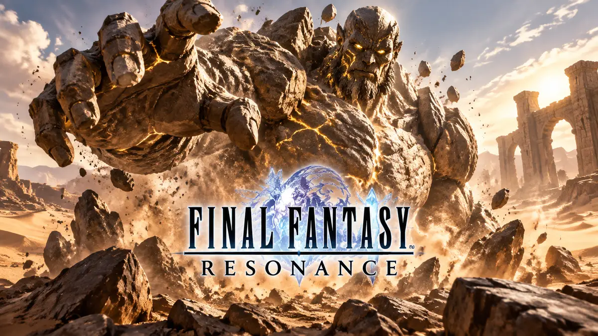 Каменный гигант эспер Titan поднимается из скалы в пустыне Grandshelt, логотип Final Fantasy Resonance