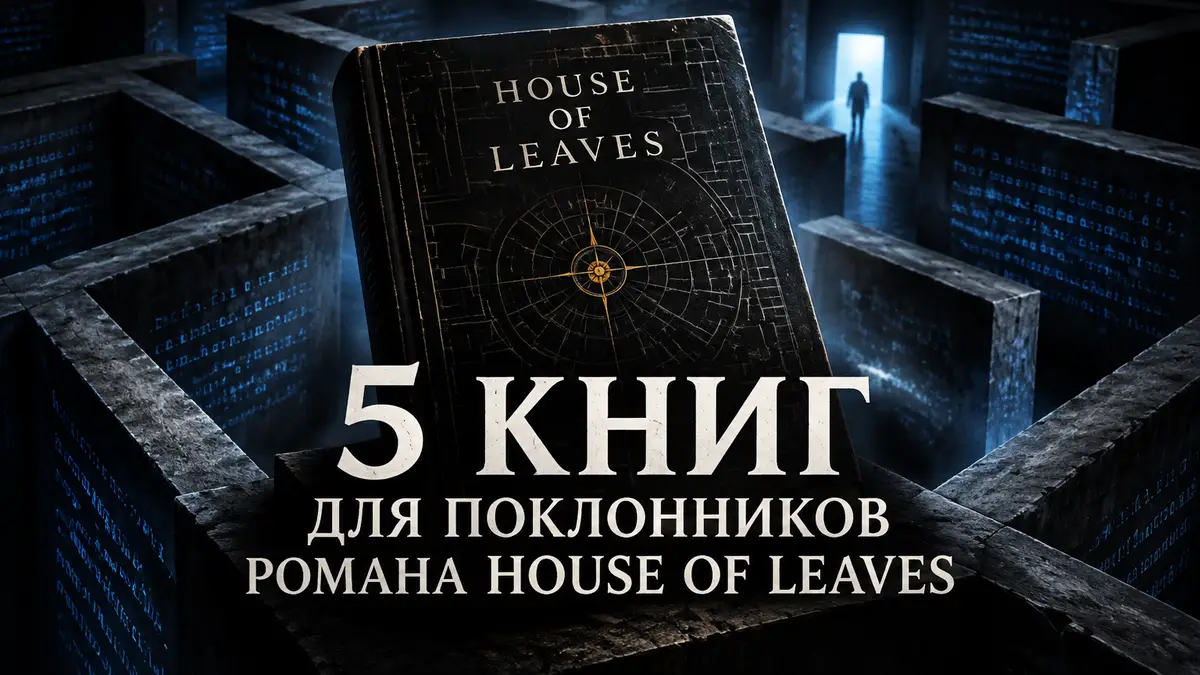 Книга House of Leaves на фоне тёмного мистического лабиринта с синими надписями