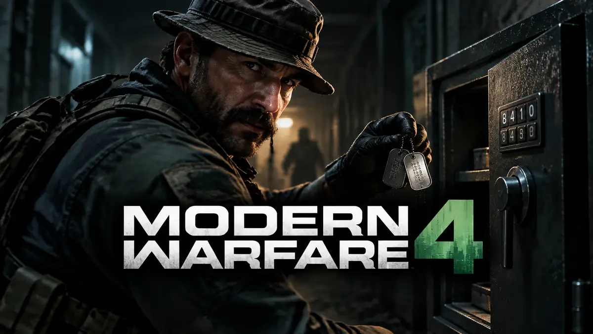 Капитан Price в тёмном коридоре базы держит армейские жетоны у сейфа, key art Modern Warfare 4
