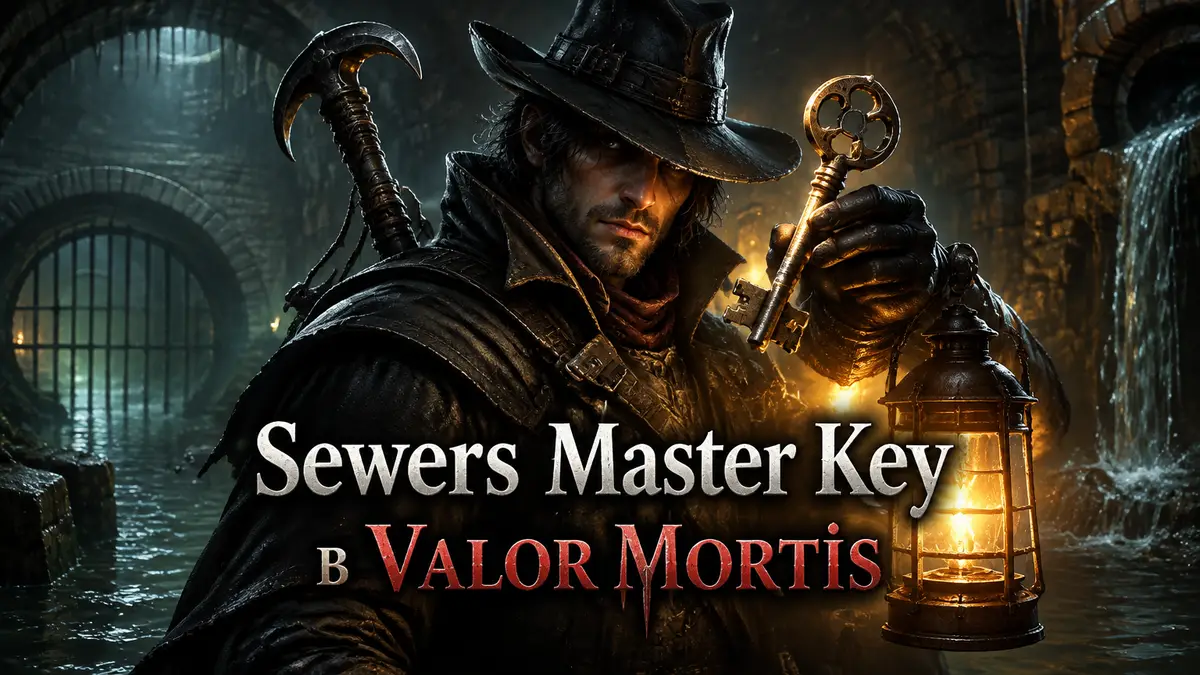 Охотник Уильям с крюком в мрачной канализации Valor Mortis держит Sewers Master Key при свете фонаря