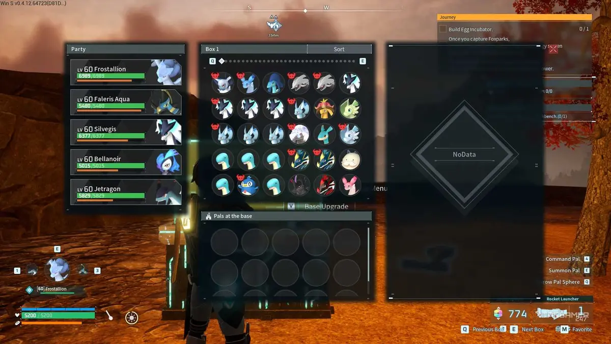 The player is checking Ice and Dragon type pals inside Palbox in Palworld.