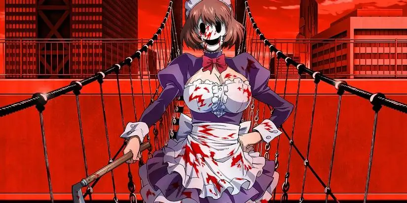 A masked girl wearing a maid outfit covered in blood stands on a rope bridge in High-Rise Invasion.
