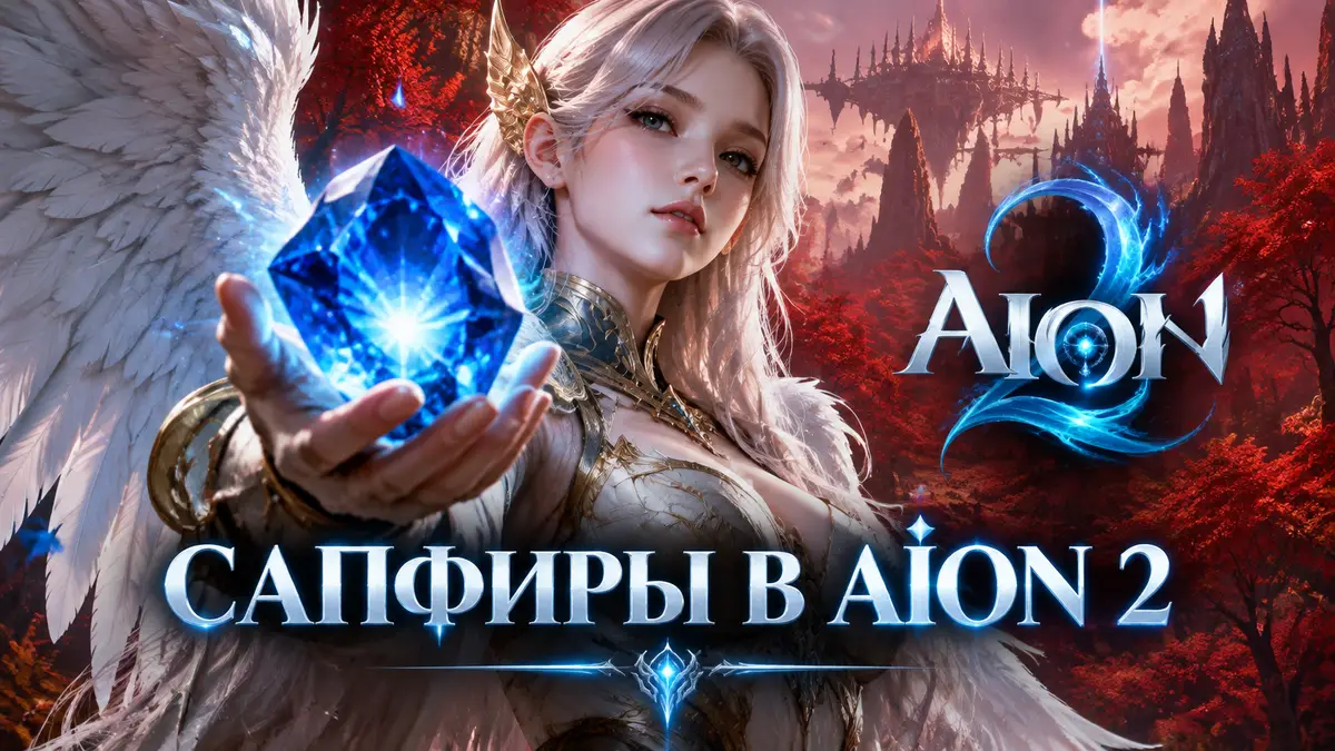 Крупный сияющий синий сапфир в руках крылатого героя Aion 2 на фоне алого леса и логотипа игры