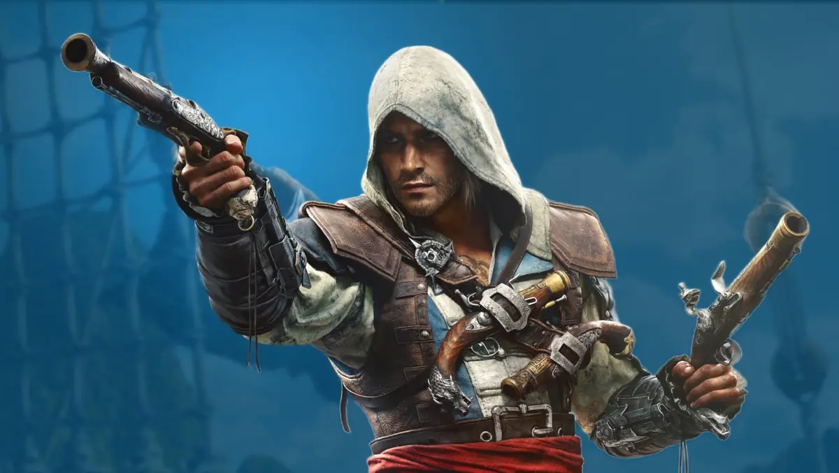 Edward Kenway as he appears in Black Flag Resynced, with a blue background.