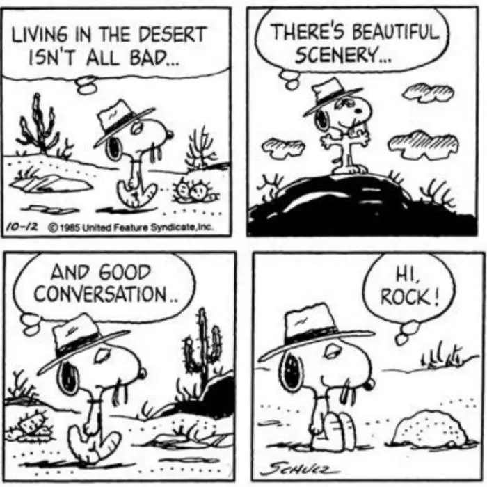 Spike walking through the desert and talking to a rock in The Peanuts