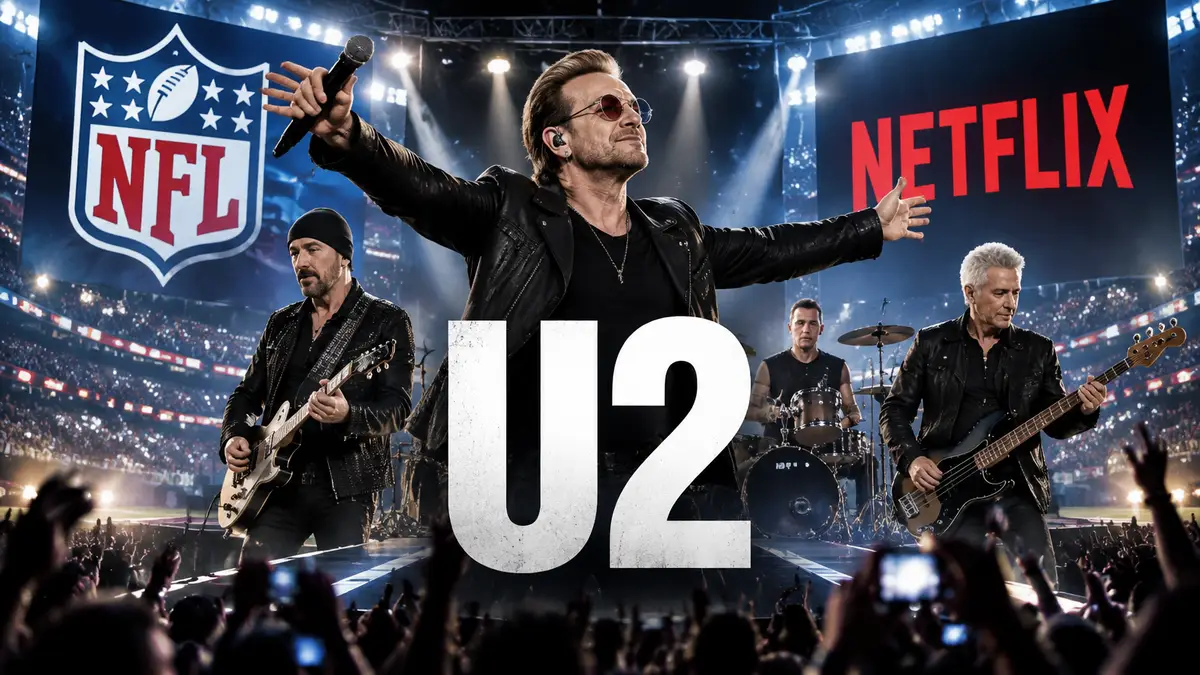 Группа U2 на огромной стадионной сцене с огнями, логотипы Netflix и NFL, атмосфера шоу в перерыве матча