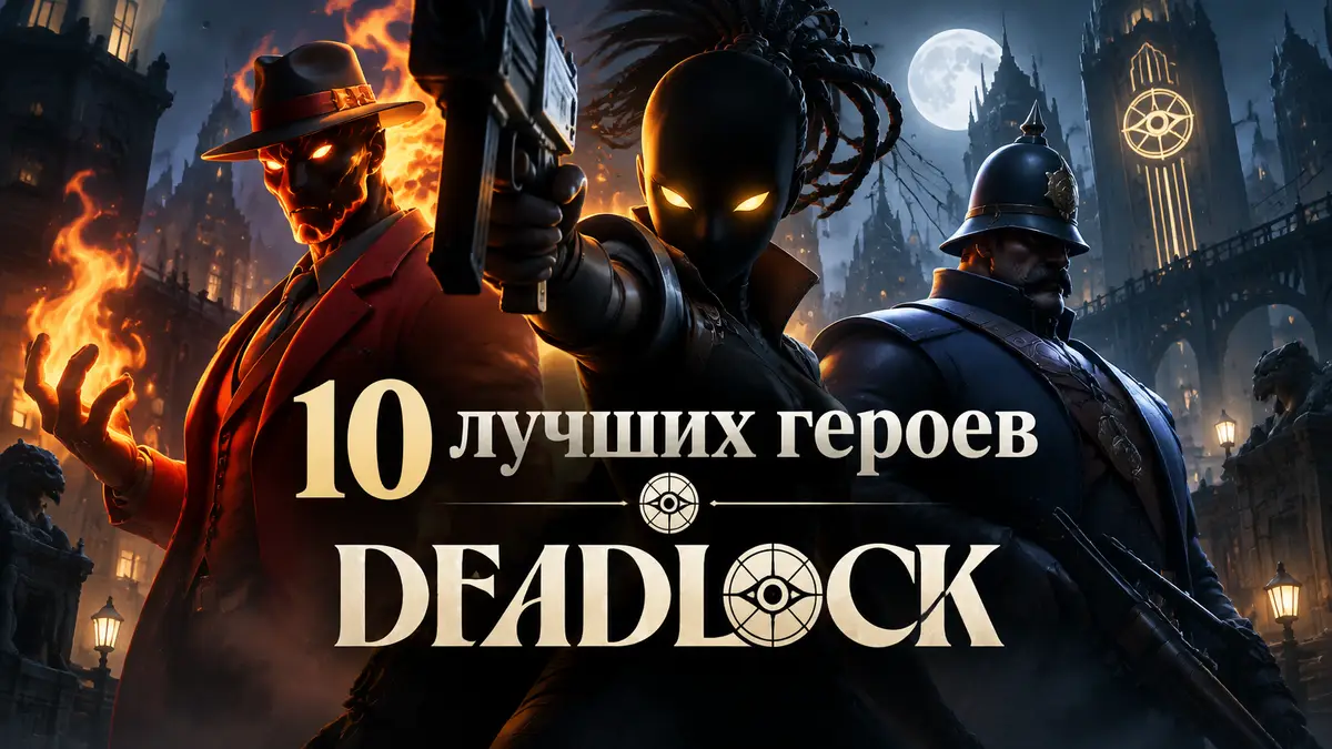 Герои Deadlock Warden, Haze и Infernus в мистическом нуарном стиле на фоне ночного города