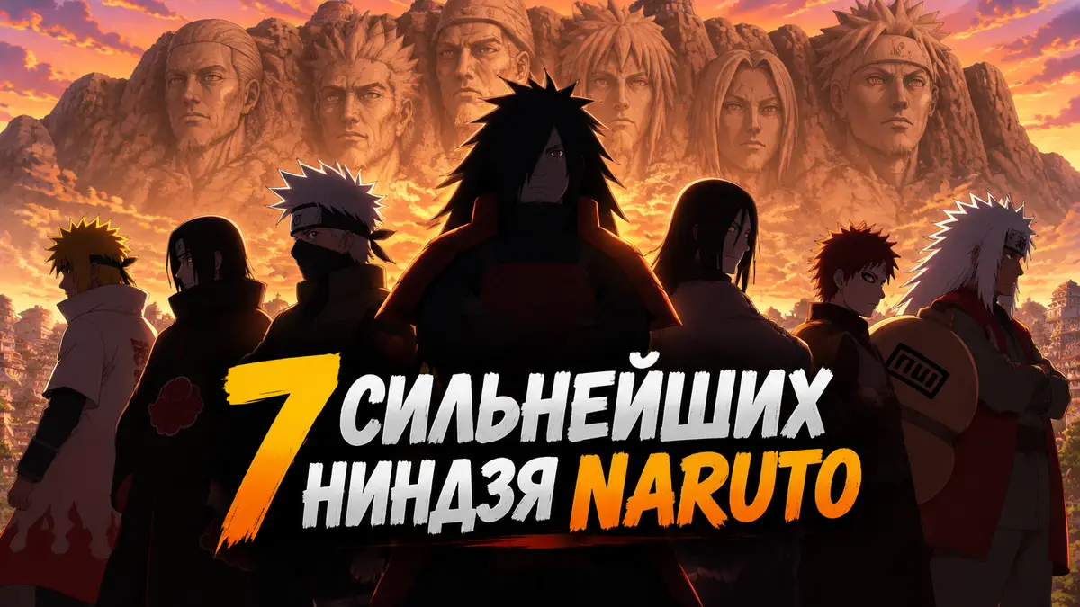 Силуэты сильнейших ниндзя на фоне скалы с лицами Хокагэ из аниме Naruto