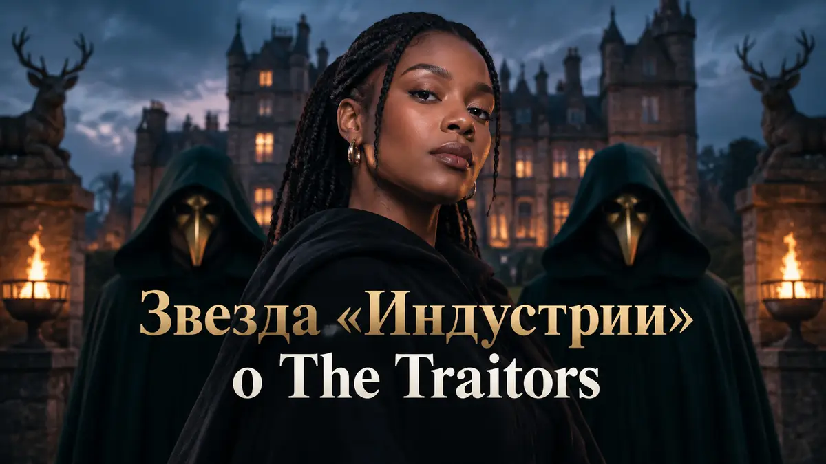 Актриса Майхала Херролд в центре на фоне мрачного замка в стиле постера шоу The Celebrity Traitors