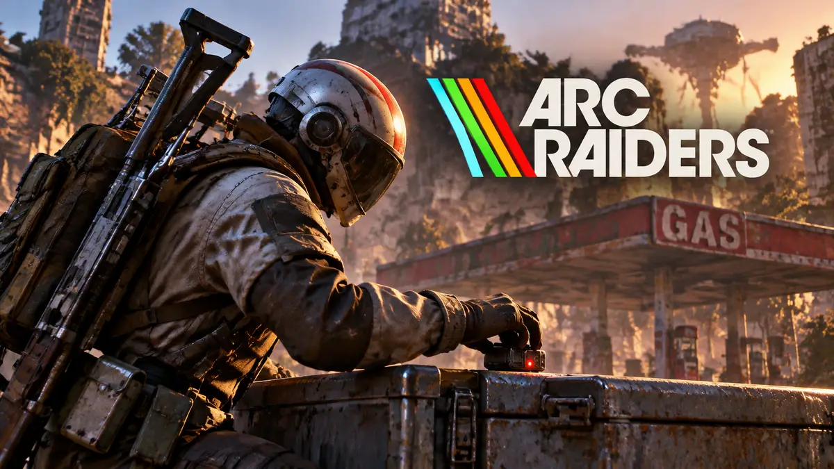 Рейдер ARC Raiders прячет жучок на металлическом контейнере у заброшенной заправки, промышленный шпионаж