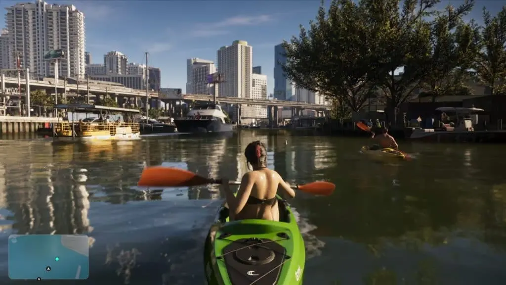 Lucia in green kayak on water in Vice City