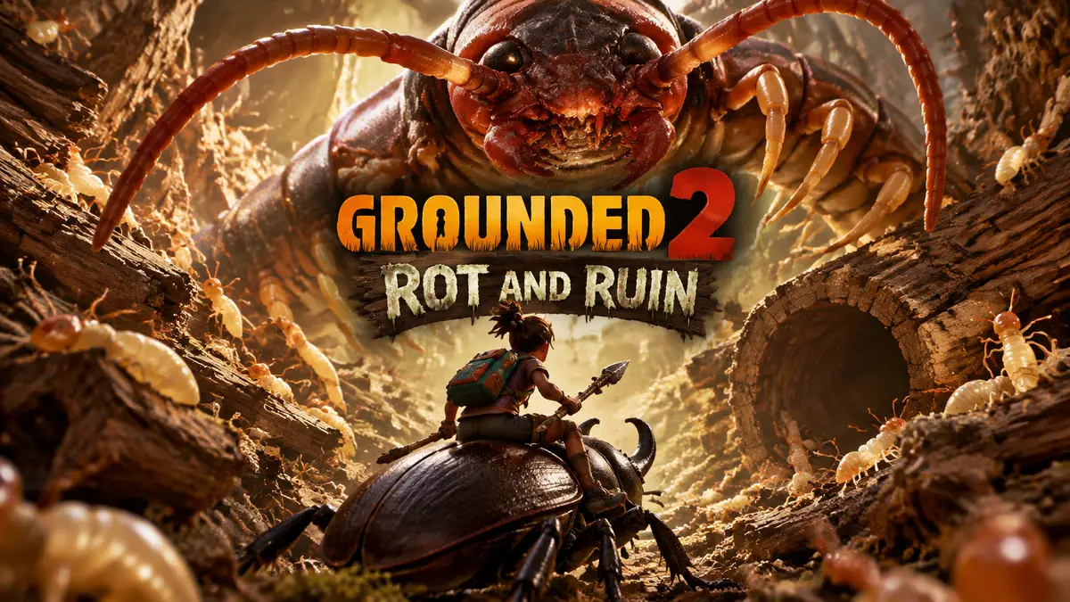Гигантская сороконожка из Grounded 2 нависает над крошечным героем на жуке в гнилой поленнице с термитами