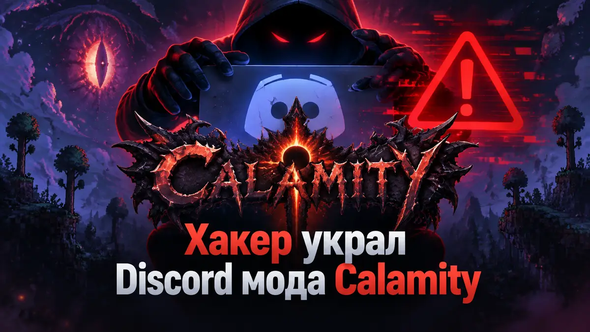 Логотип модификации Calamity для игры Terraria на фоне предупреждения о безопасности