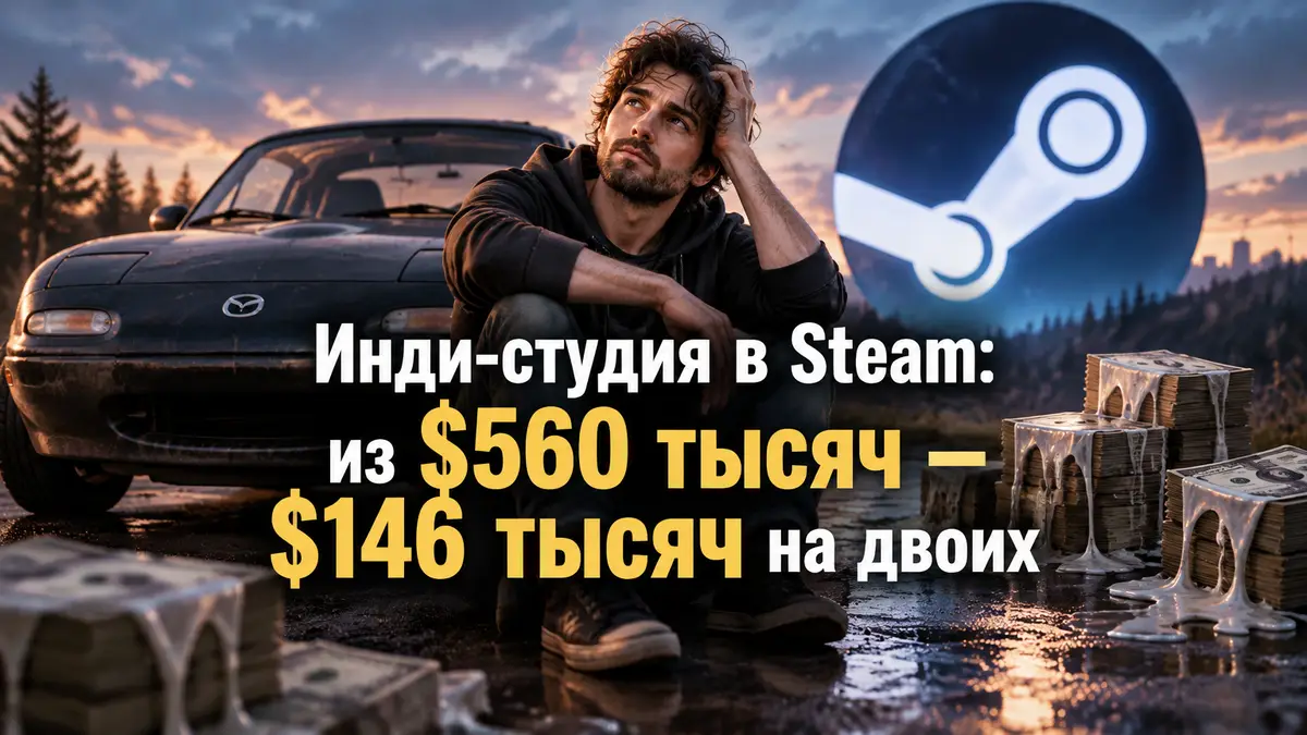 Инди-разработчик у старой Mazda на фоне логотипа Steam и тающих стопок долларов, доходы в Steam