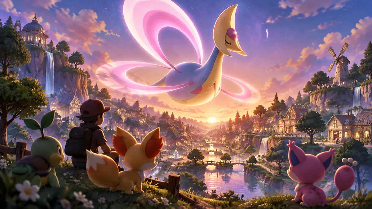 Легендарная Cresselia парит над уютным городком Pokemon Pokopia среди Turtwig, Fennekin и Skitty