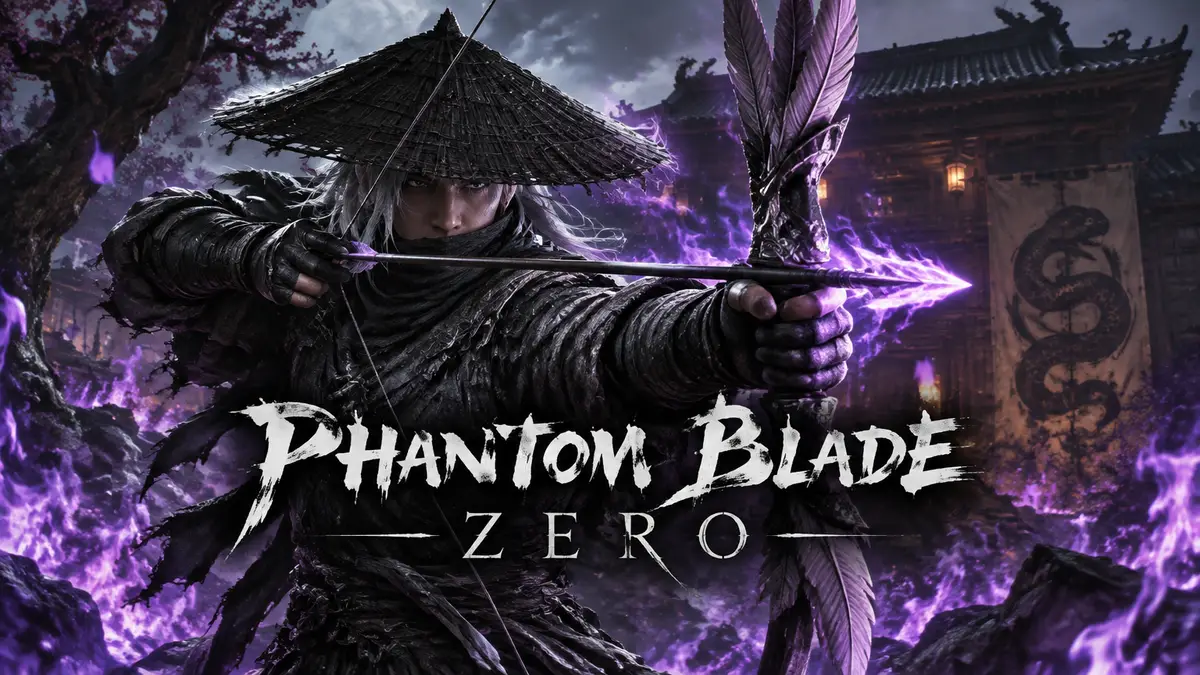 Воин Soul натягивает Feather Bow в фиолетовом пламени на фоне Black Serpent House, Phantom Blade Zero
