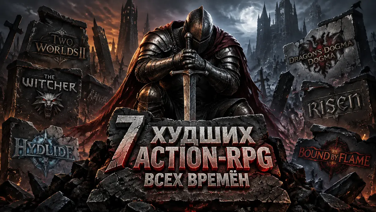 Рыцарь в доспехах с мечом на фоне сломанных логотипов худших action-RPG, мрачный фэнтезийный постер