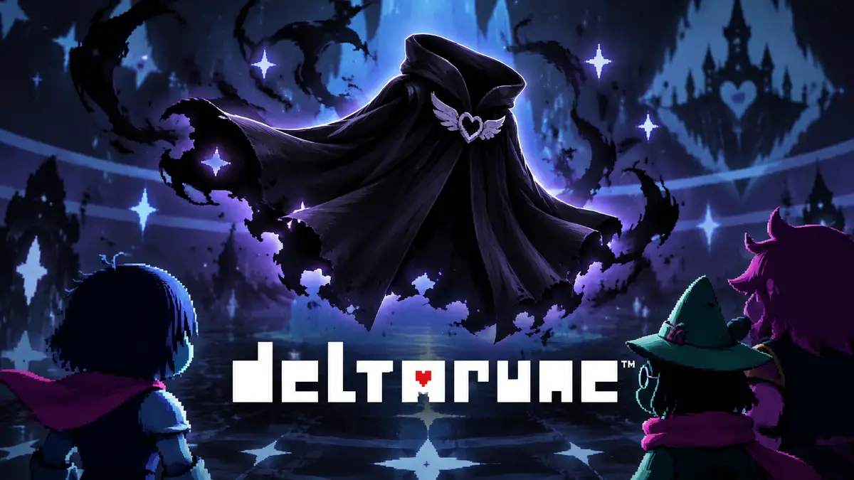 Чёрный плащ Теневая мантия парит в тёмном мире Deltarune среди мерцающих теней и звёзд