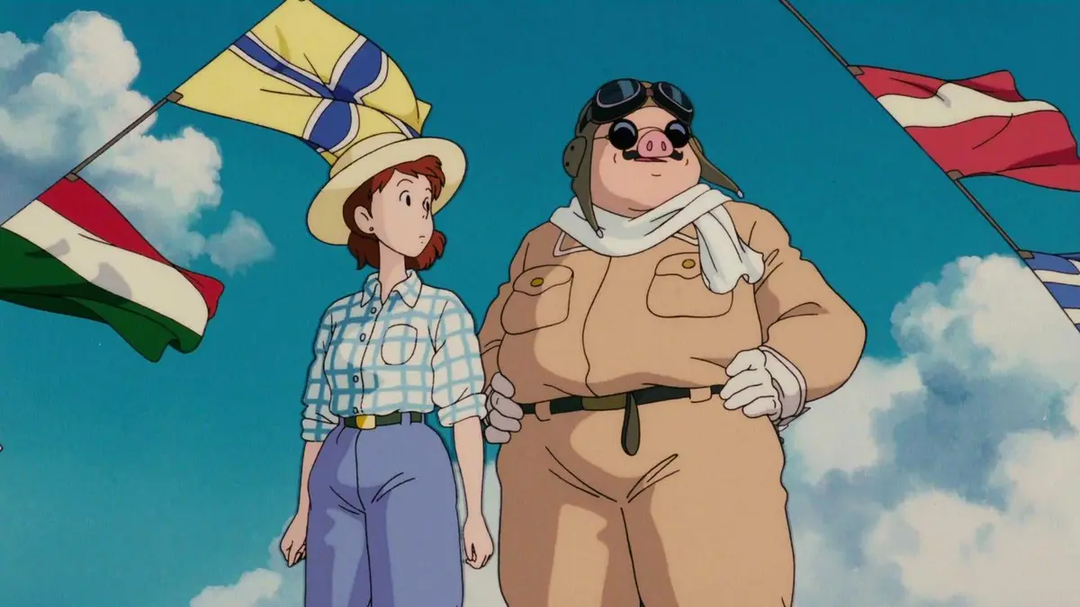 Porco Rosso and Fio Piccolo standing together in the Porco Rosso.