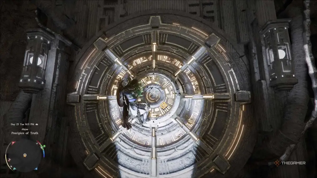 Using Force Palm on metal circle to complete Precipice of Truth Abyss puzzle mission in Crimson Desert.