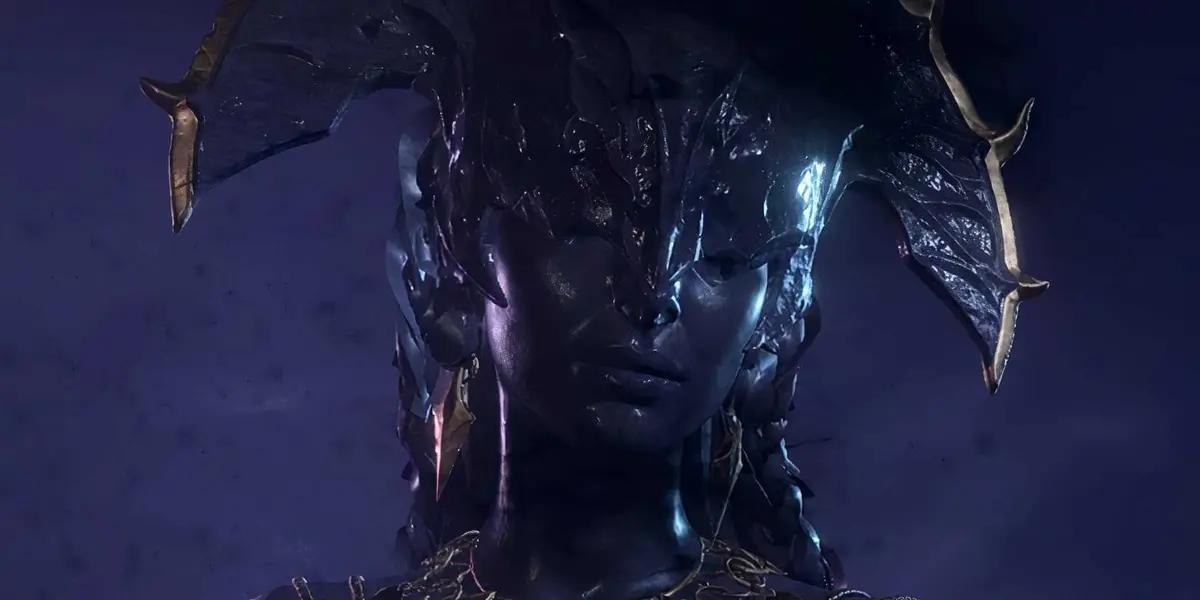 Lady Shar's face from Baldur's Gate 3 close to the camera.