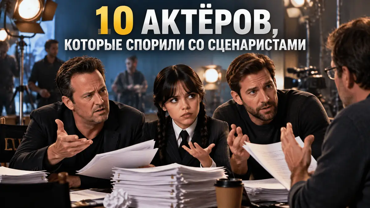Актёры сериалов спорят со сценаристами над стопкой сценариев на фоне киносъёмочной площадки