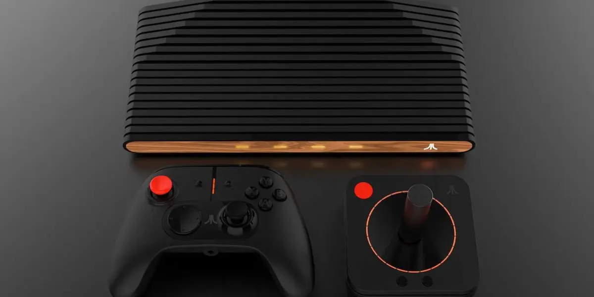 Top down image of an Atari VCS with controller and Joystick