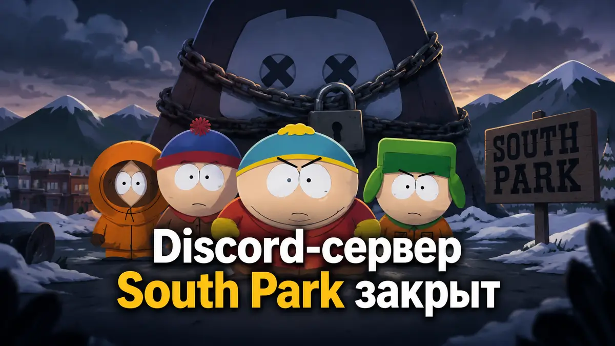 Персонажи South Park на фоне погасшего логотипа Discord и замка, мультяшный стиль сериала, закрытый сервер