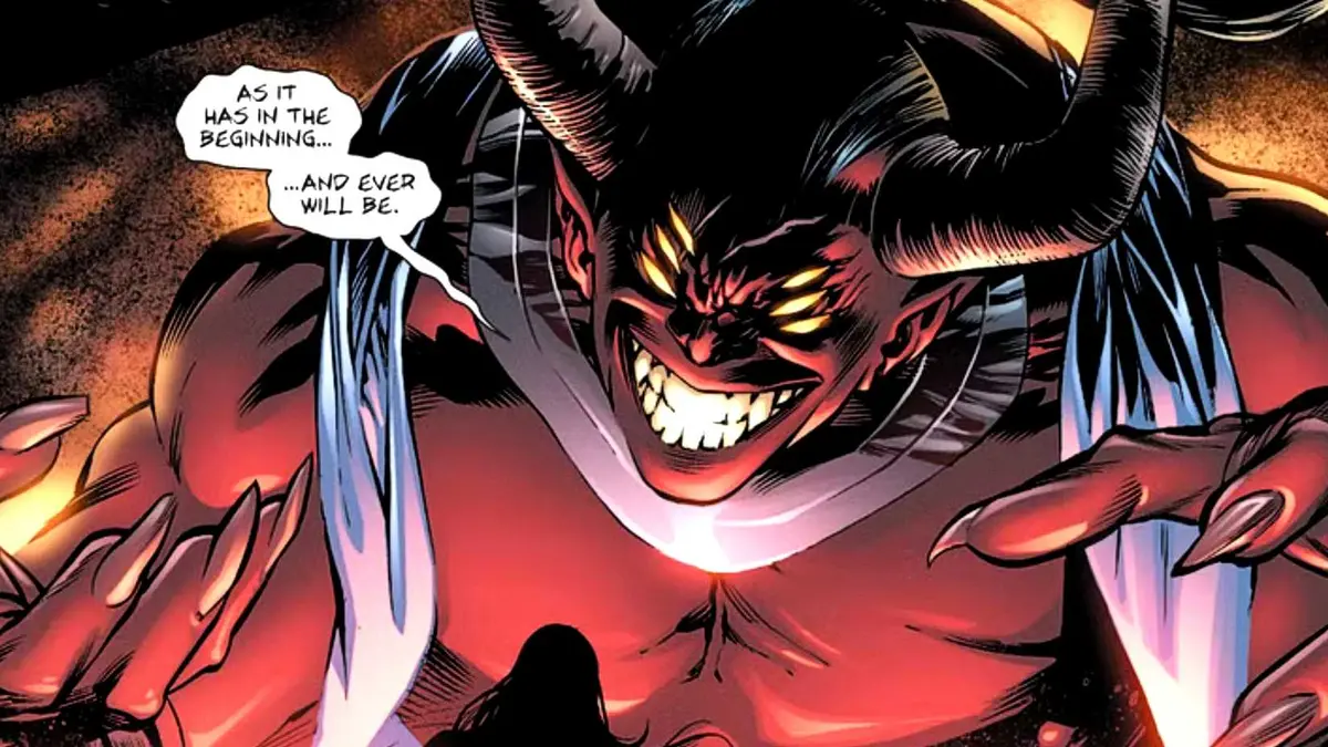 Trigon smiles and threatens mortals in DC Comics