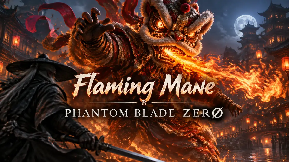 Огнедышащий танцор льва Flame в маске на фоне ночного города Pangzhen, ключевой арт Phantom Blade Zero