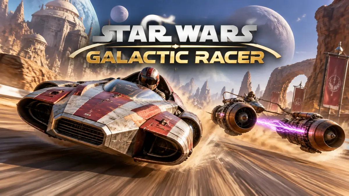 Гоночный болид и подрейсер мчатся по инопланетной трассе на фоне логотипа Star Wars: Galactic Racer