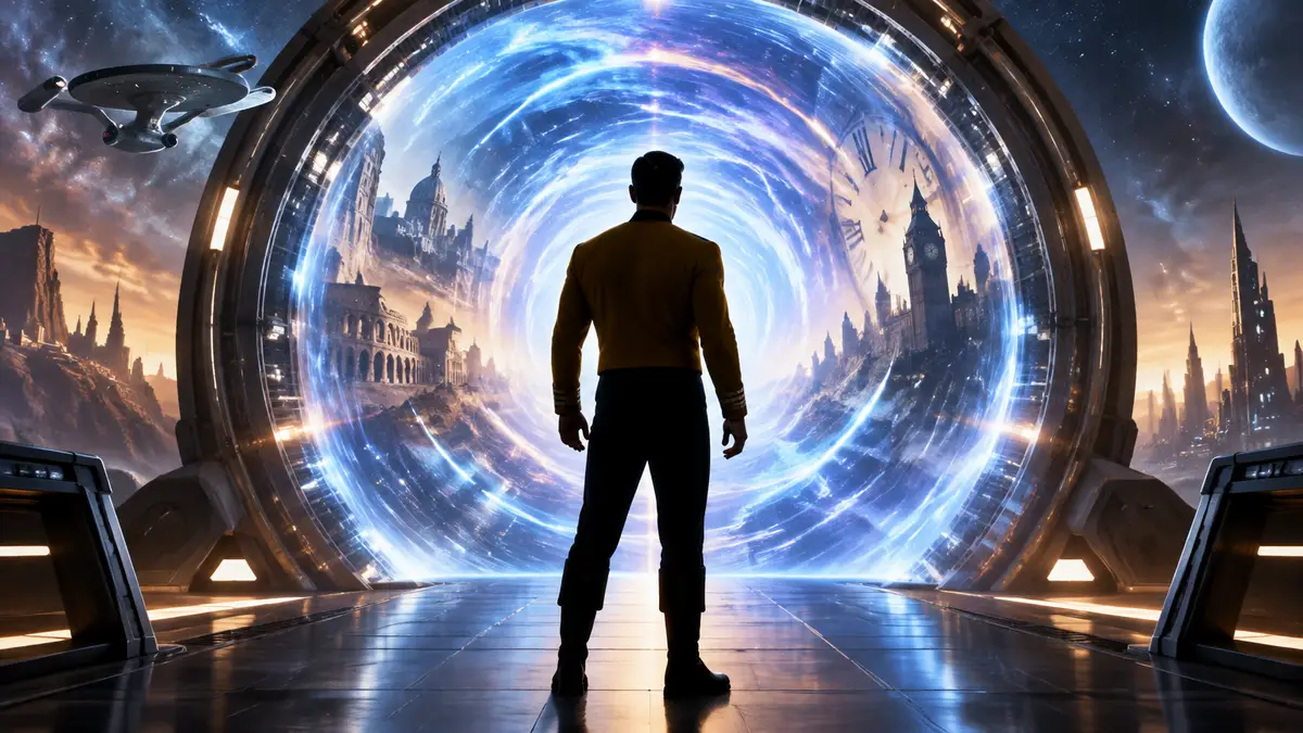 Капитан Кирк на фоне портала времени в научно-фантастическом стиле вселенной Star Trek