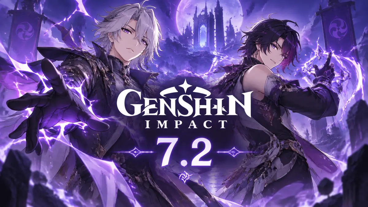 Новые Electro-персонажи Valeriy и Mitya в фиолетовых молниях на постере Genshin Impact 7.2