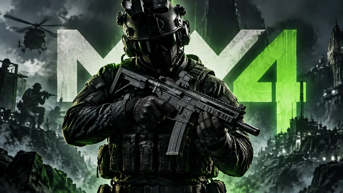 Боец спецназа с пистолетом-пулеметом X-58 NYX в руках на фоне логотипа Modern Warfare 4