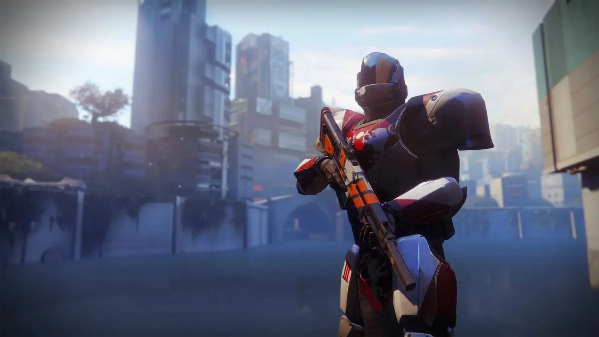 A Destiny 2 Titan with the Last City in the background