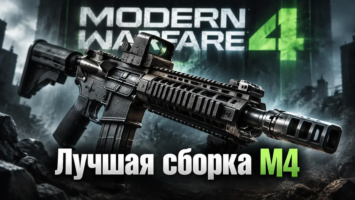 Штурмовая винтовка M4 с компенсатором и коллиматорным прицелом крупно на фоне логотипа Modern Warfare 4