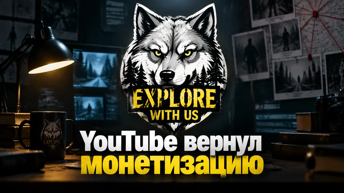 Логотип канала Explore With Us крупным планом на фоне студии в темных тонах