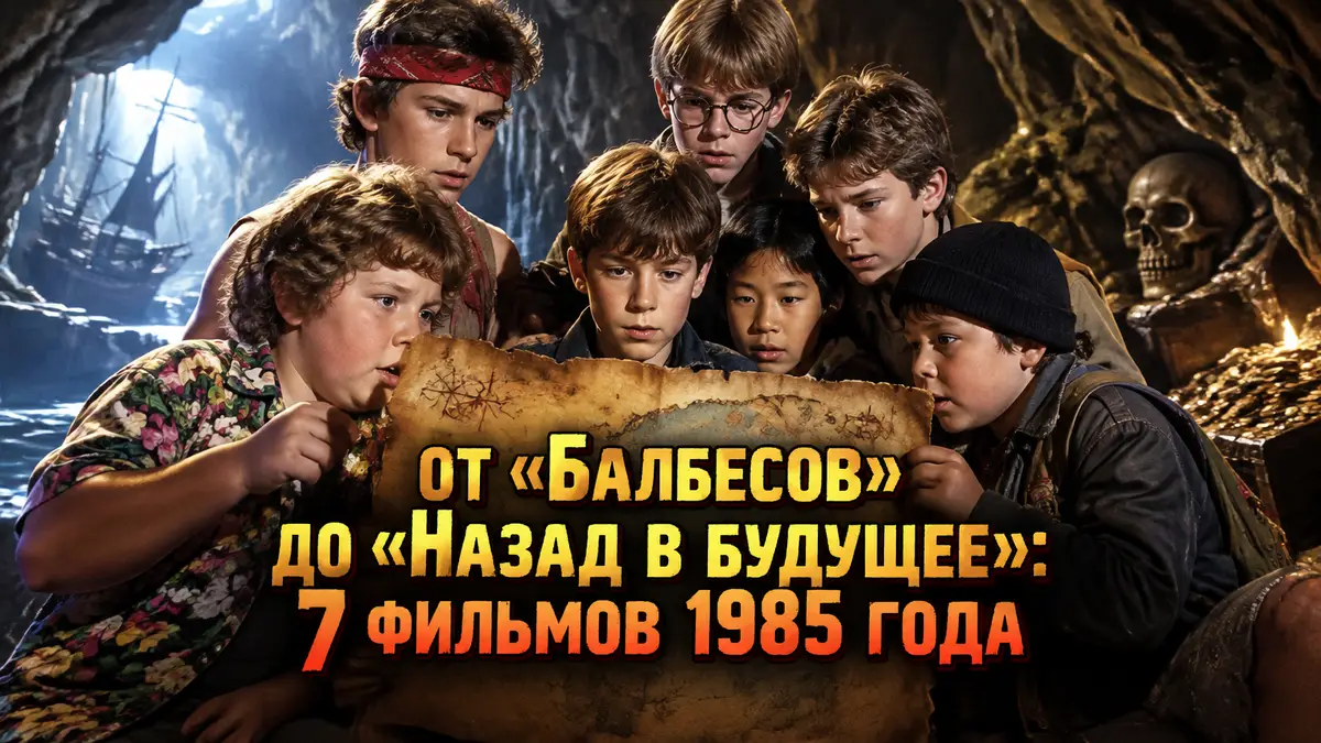 Компания детей из фильма «Балбесы» с картой сокровищ на фоне пещеры, постер в стиле кино 1985 года