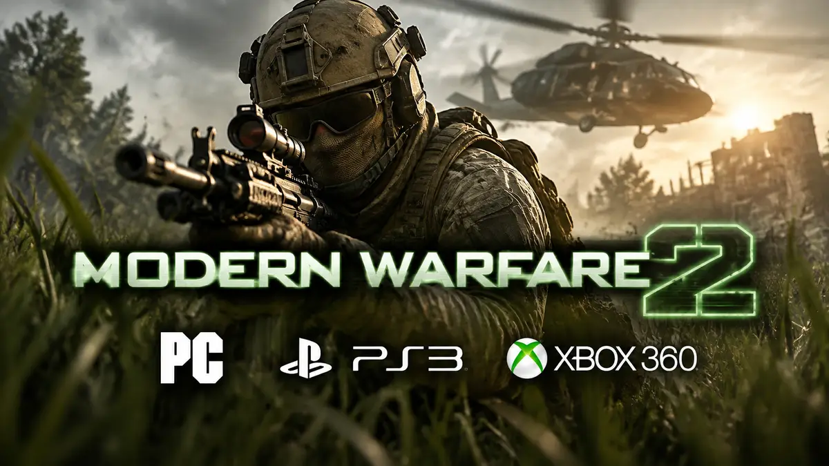 Солдат Call of Duty: Modern Warfare 2 в траве под вертолётом, логотип игры и символы PC, PS3, Xbox 360