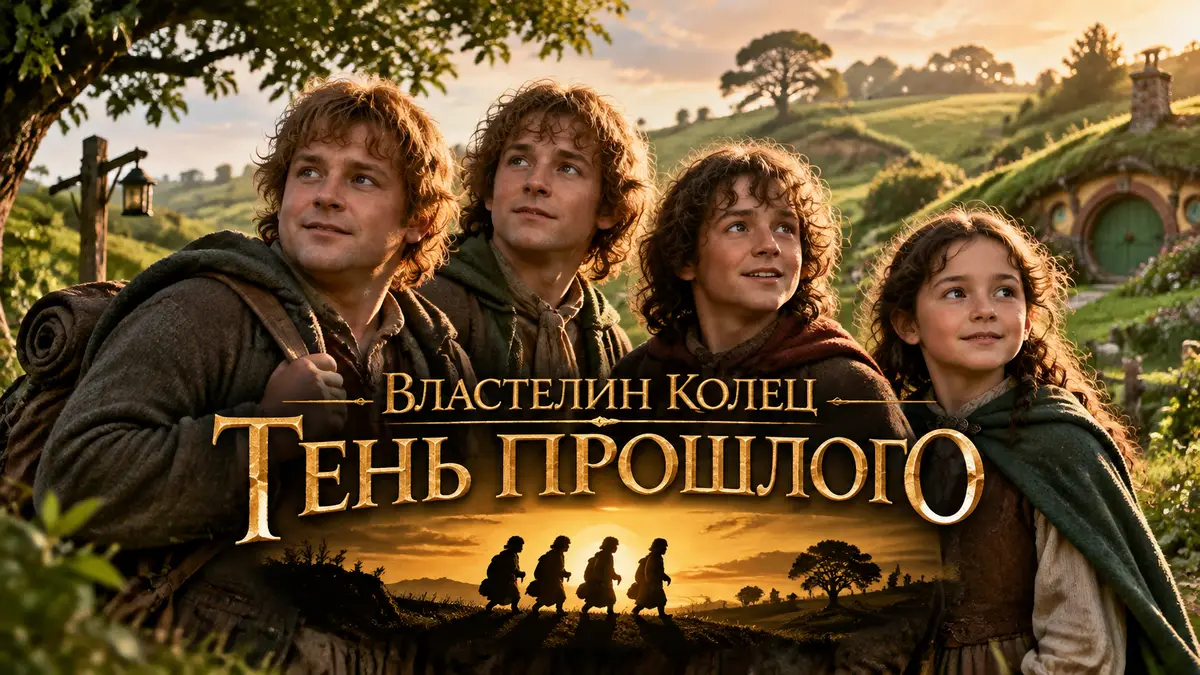 Сэм, Мерри, Пиппин и юная Эланор на холмах Шира, постер фильма «Властелин колец: Тень прошлого»