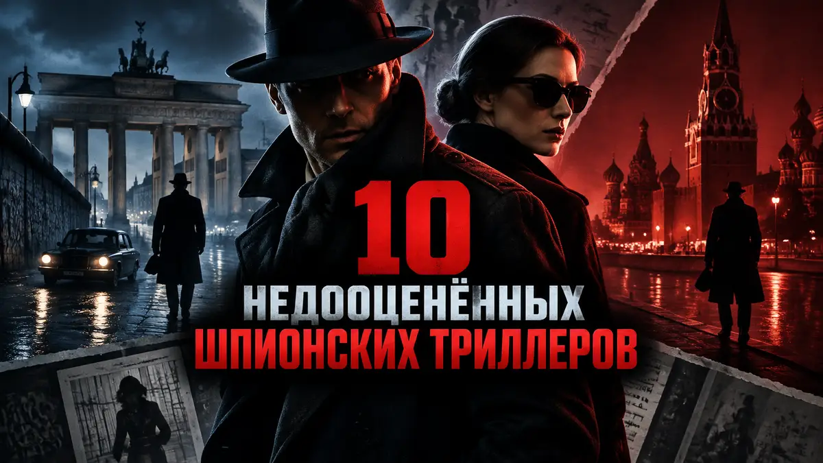 Постер шпионского триллера: силуэты разведчиков в плащах на фоне ночного Берлина и Москвы, тени и неон