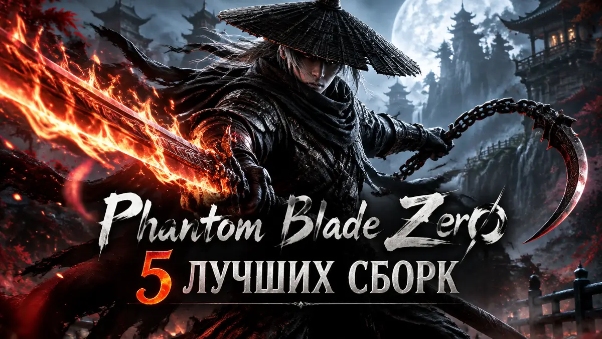 Воин Phantom Blade Zero с пылающим двуручным мечом и цепным серпом в стилизованном мире Wulin, сборки