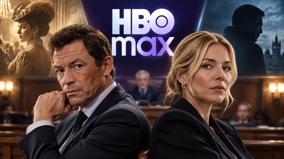 Постер подборки сериалов HBO Max: Доминик Уэст и Сиенна Миллер в зале суда, логотип HBO Max на фоне